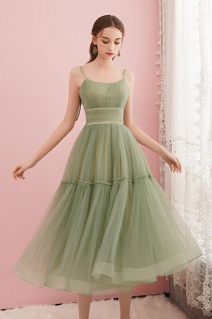 Sage Green Tulle Midi Dress With Spaghetti Straps And Layered Skirt