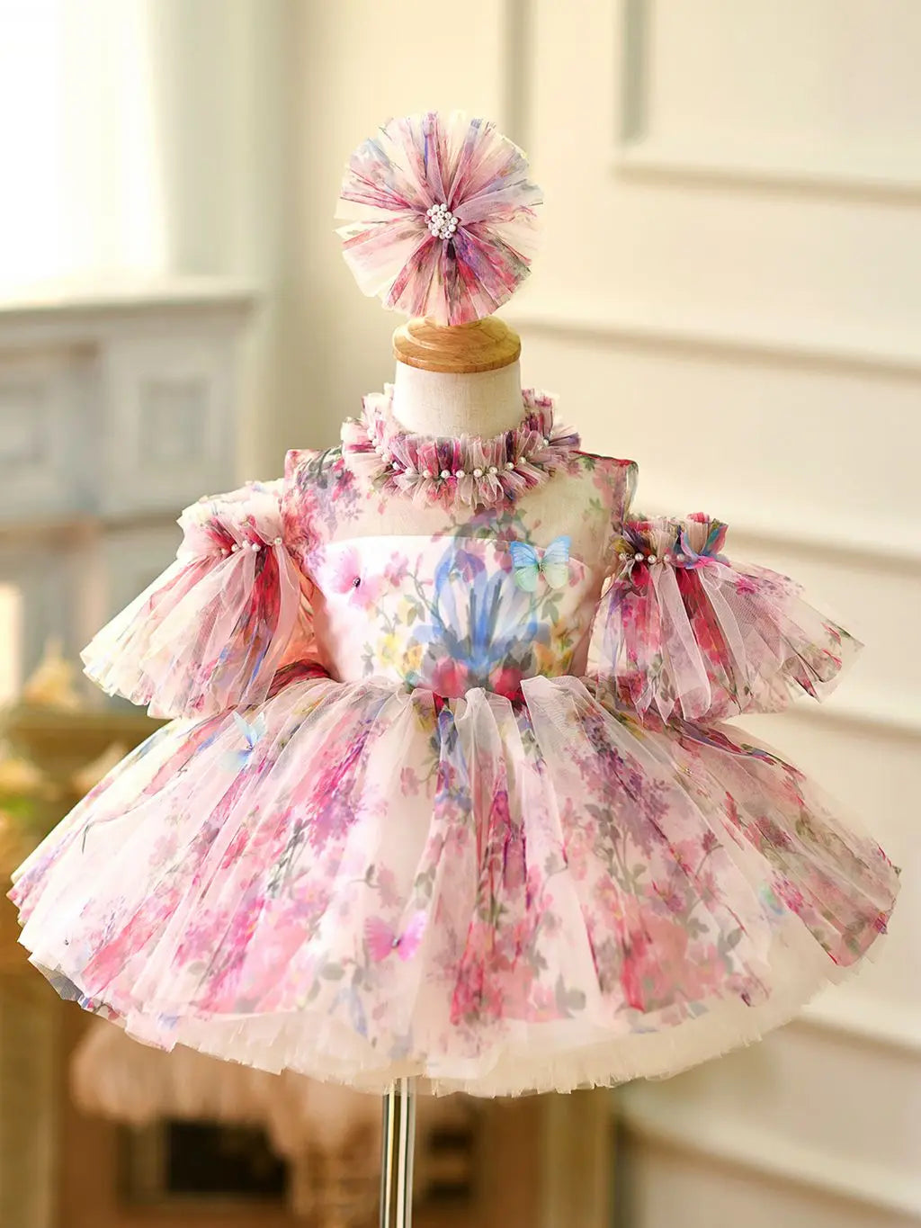 Floral Pink Toddler Dress With Headband Layers