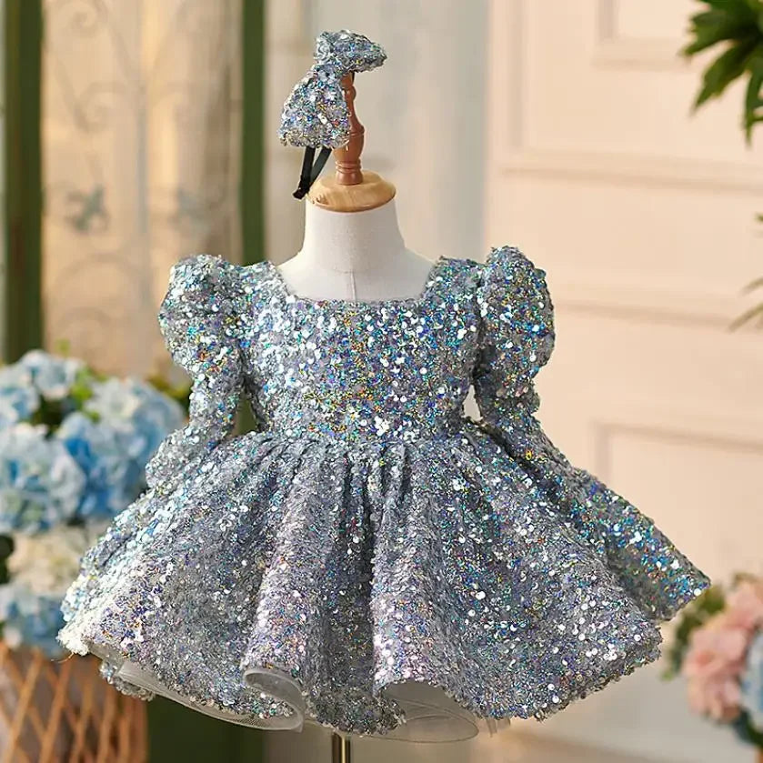 silver sequin puff sleeve dress Silver Puff Sleeve Glitter Detail Midi Dress