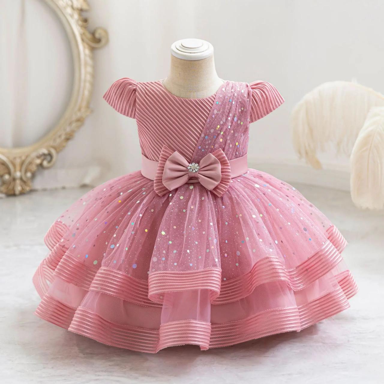 Pink Layered Glitter Baby Dress With Bow on Luulla