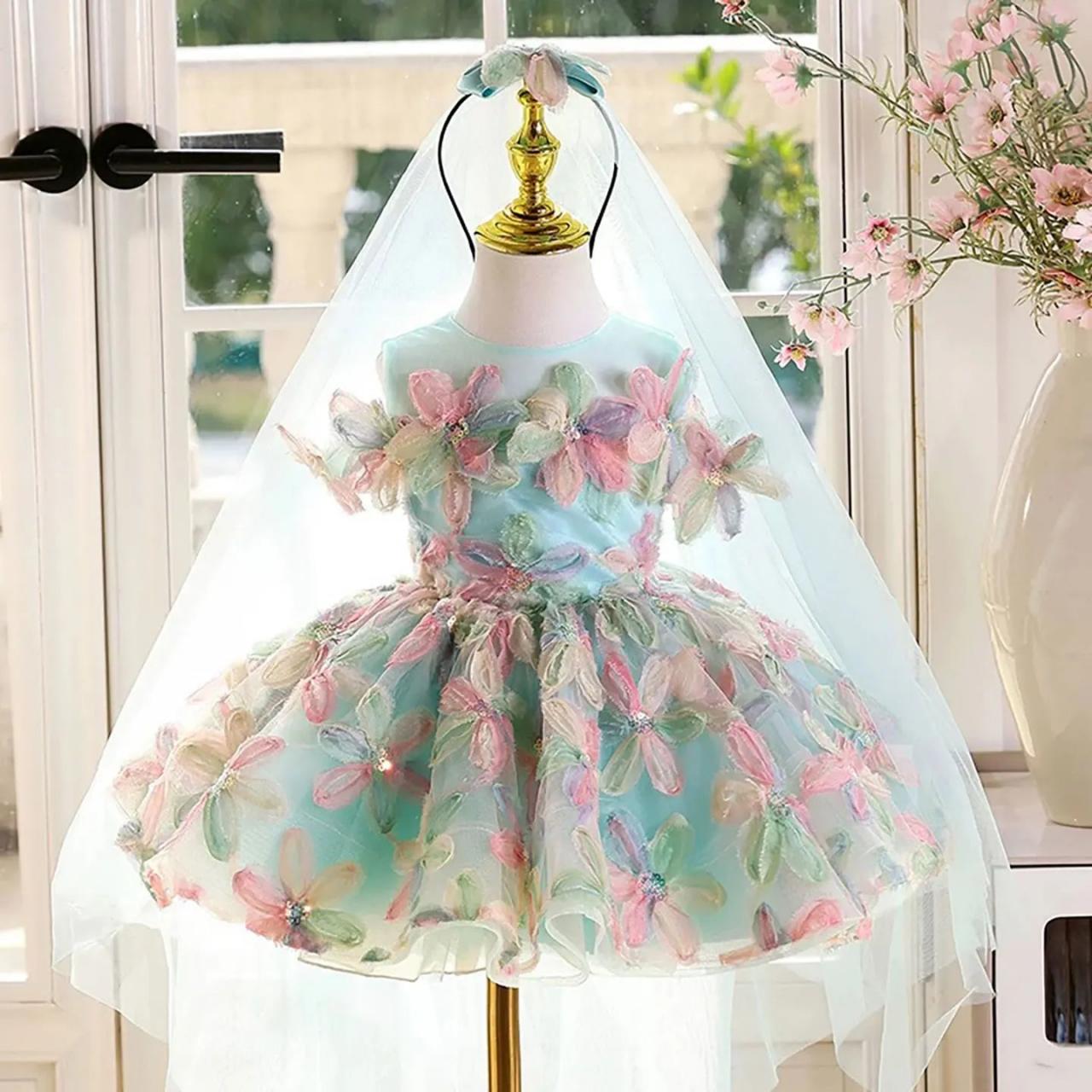 Pastel Floral Toddler Dress With Veil