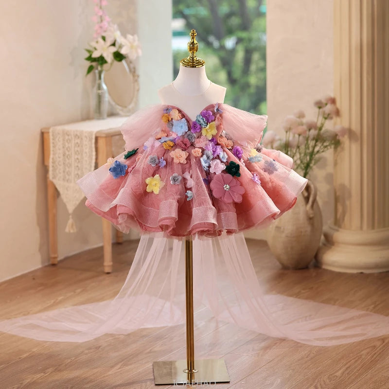 Pink Floral Layered Tulle Toddler Dress Gown