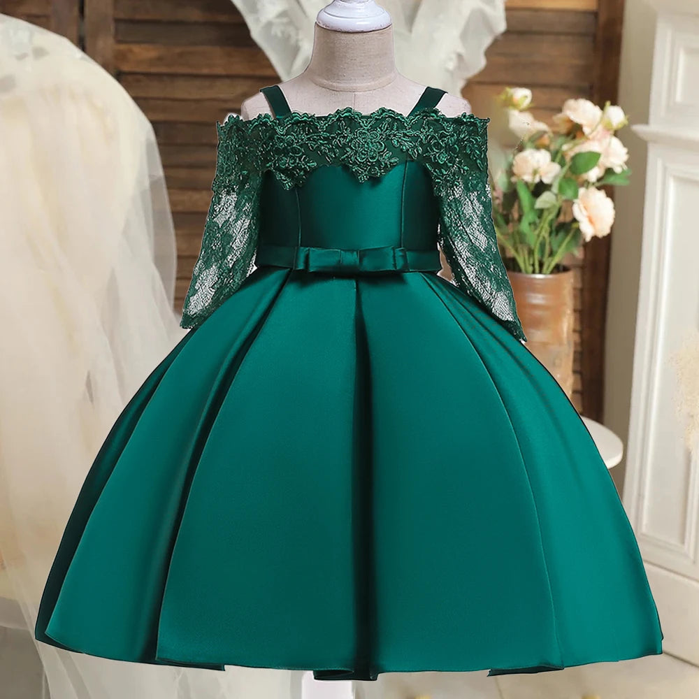 emerald green toddler dress Green Lace Sleeve Toddler Ball Gown Dress