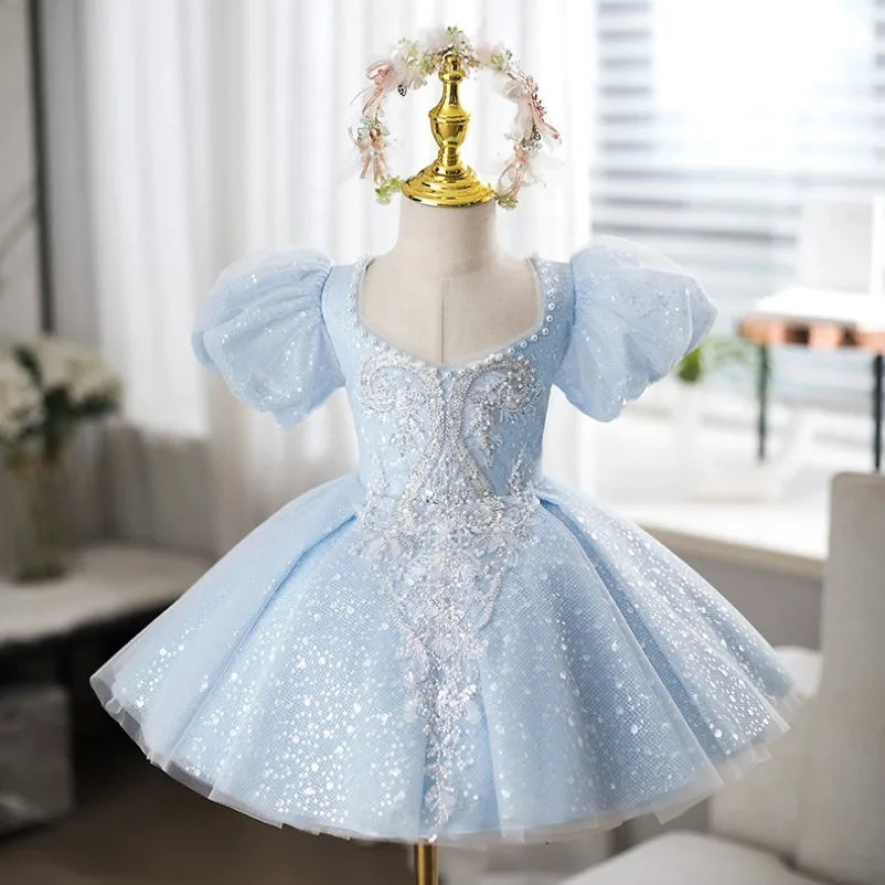 Sparkling Blue Fairy Dress With Puff Sleeves
