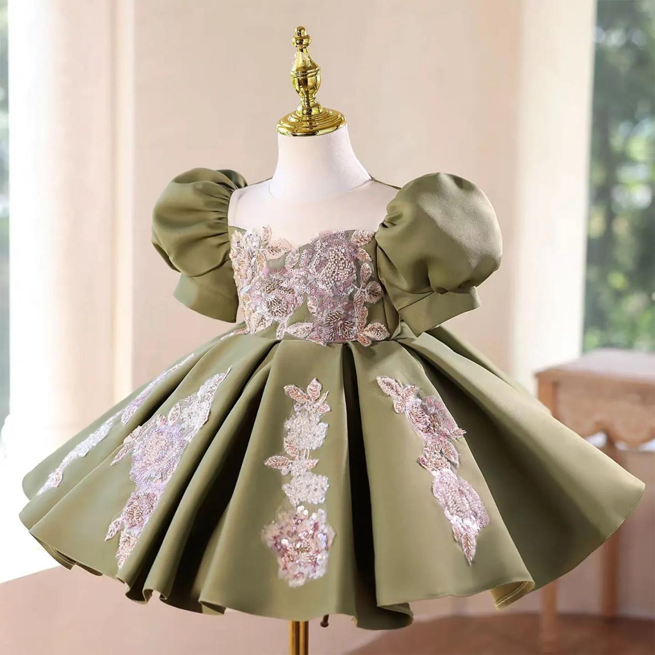 Olive Green Floral Embroidered Puff Sleeve Dress
