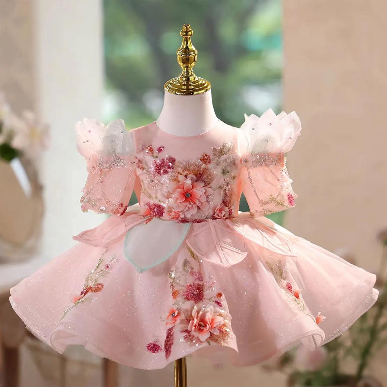 floral pink puffy dress Luxury Pink Tulle Flower Girl Dress with 3D Floral Appliques Off Shoulder Puffy Princess Party Dress D334