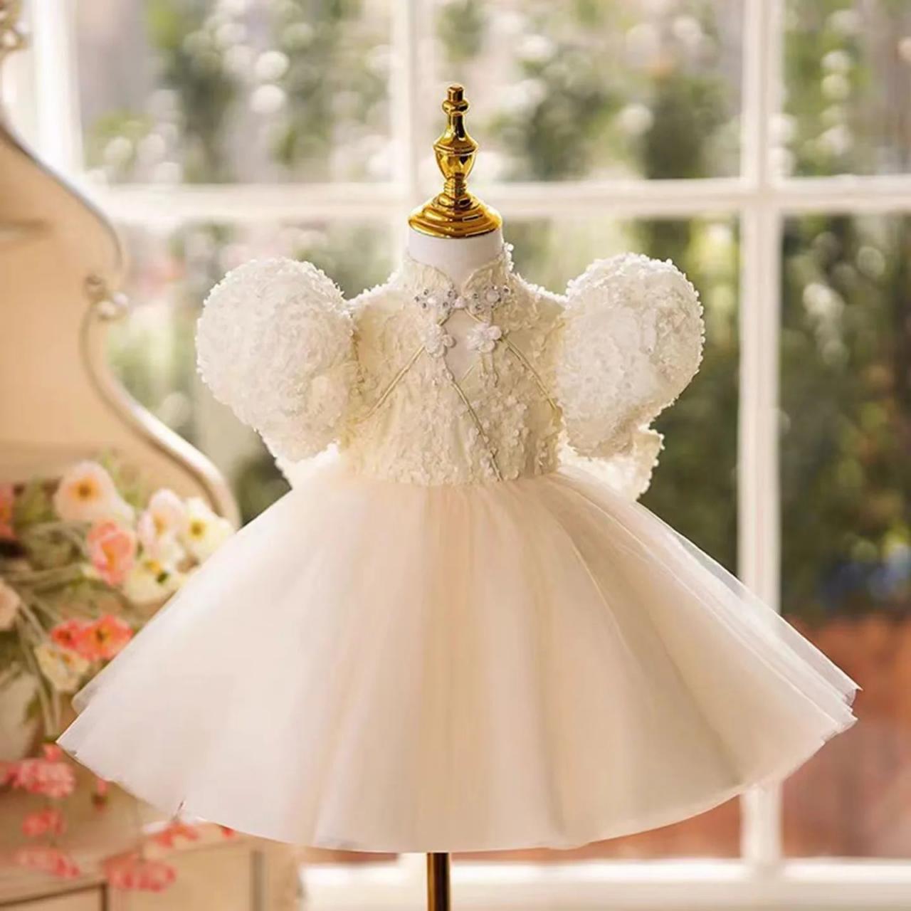 girls cream lace dress Cream Lace Puff Sleeve Baby Girl Dress