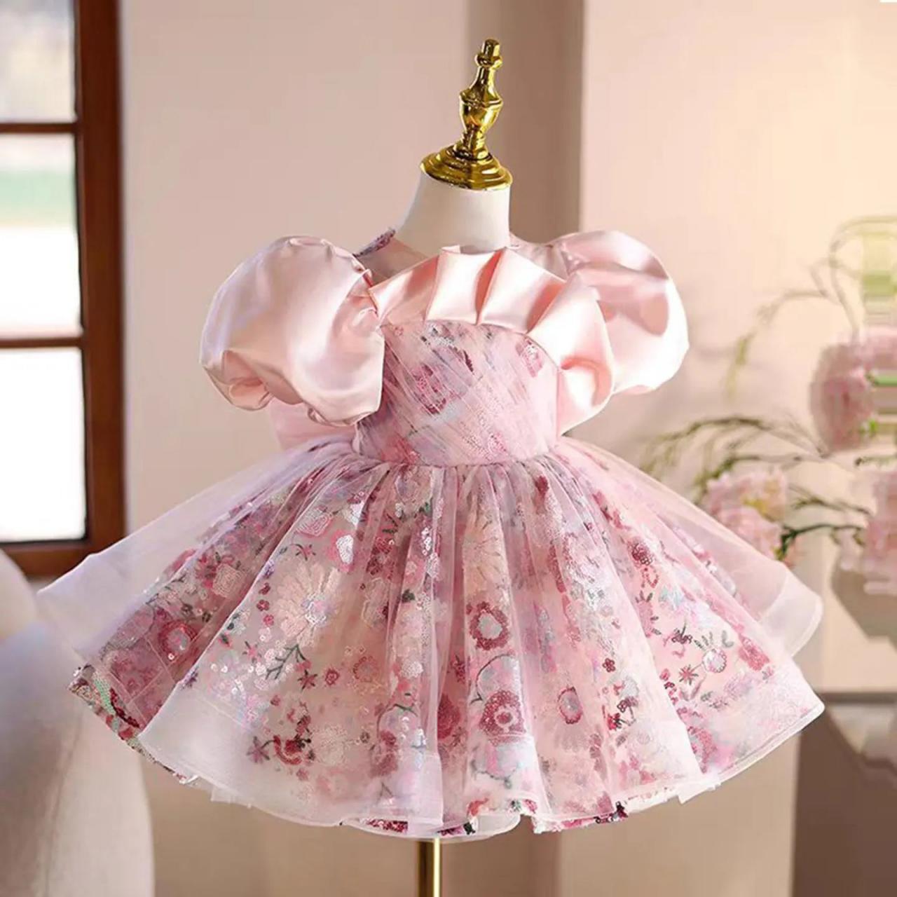 Pink Floral Puffy Sleeve Party Dress Toddler