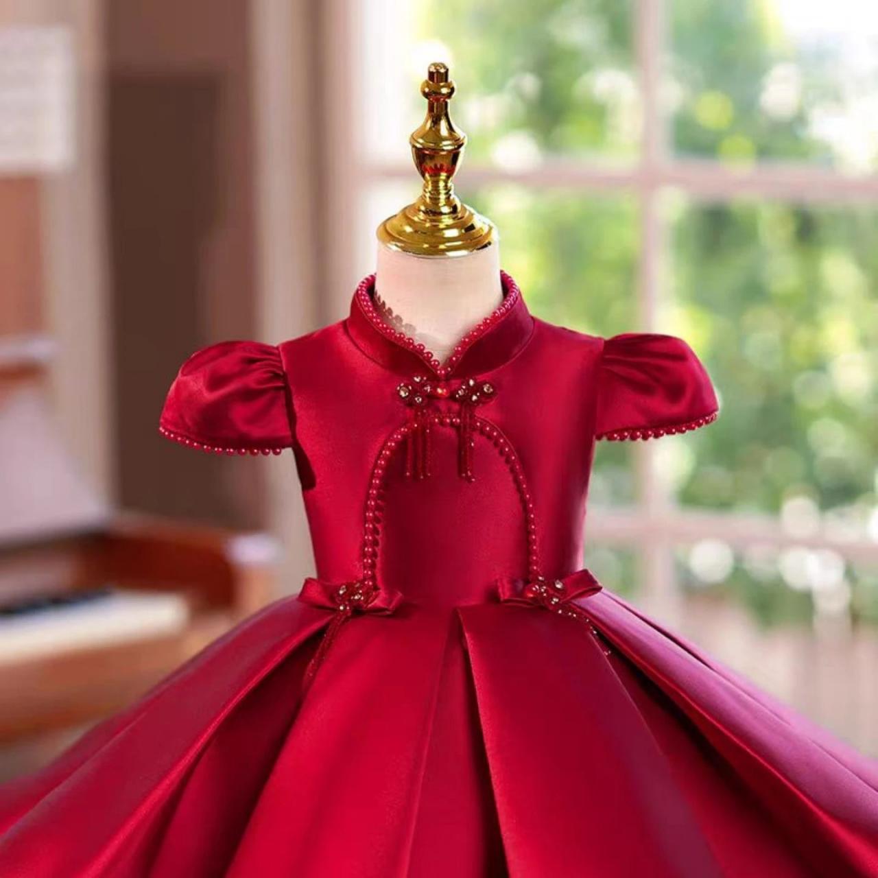 red satin toddler dress Red Satin Toddler Dress With Pearl Accents on Luulla
