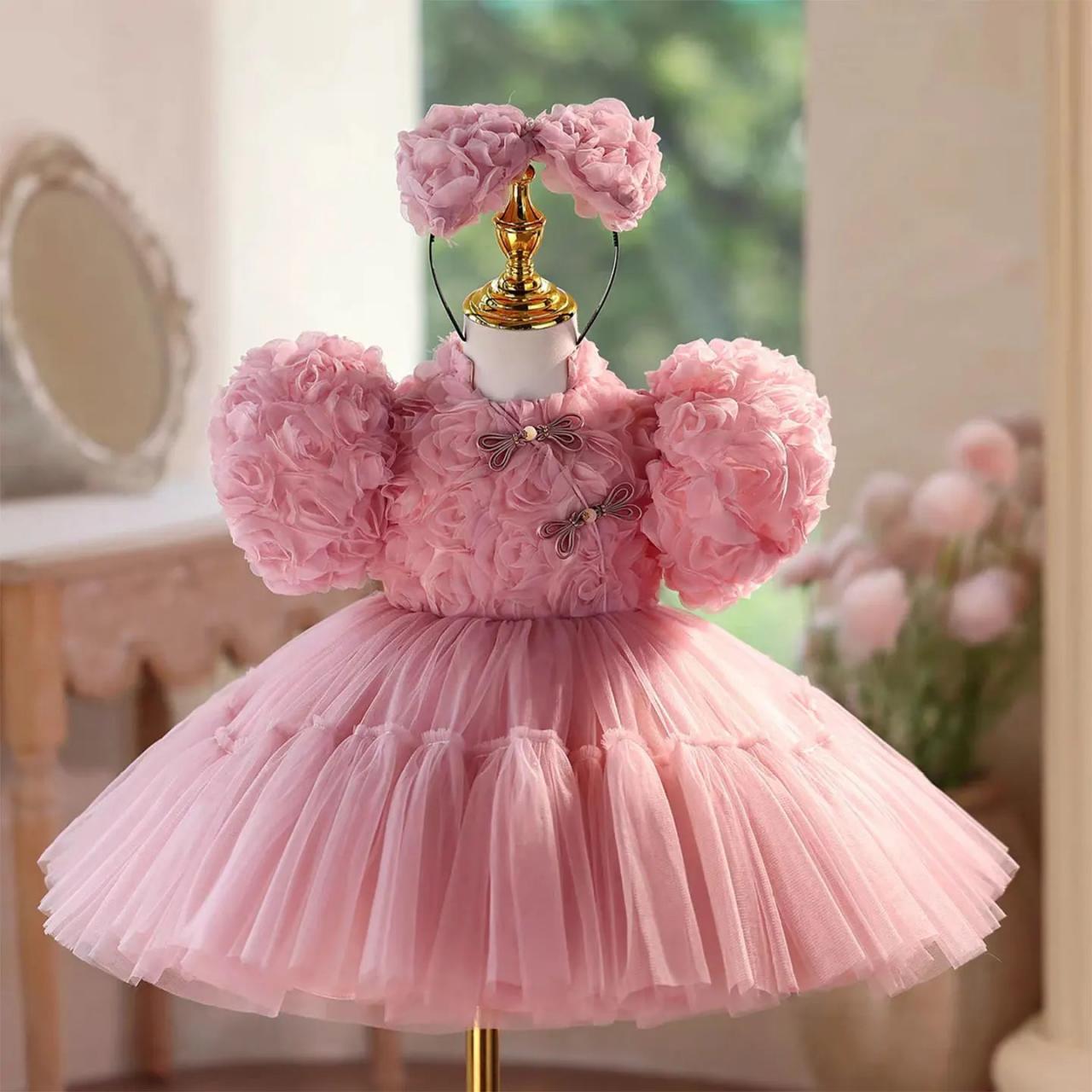 floral pink puffy dress Princess Pink Tulle Long Quinceanera Dress, Puffy Prom Gown With Flowers  CHP0291