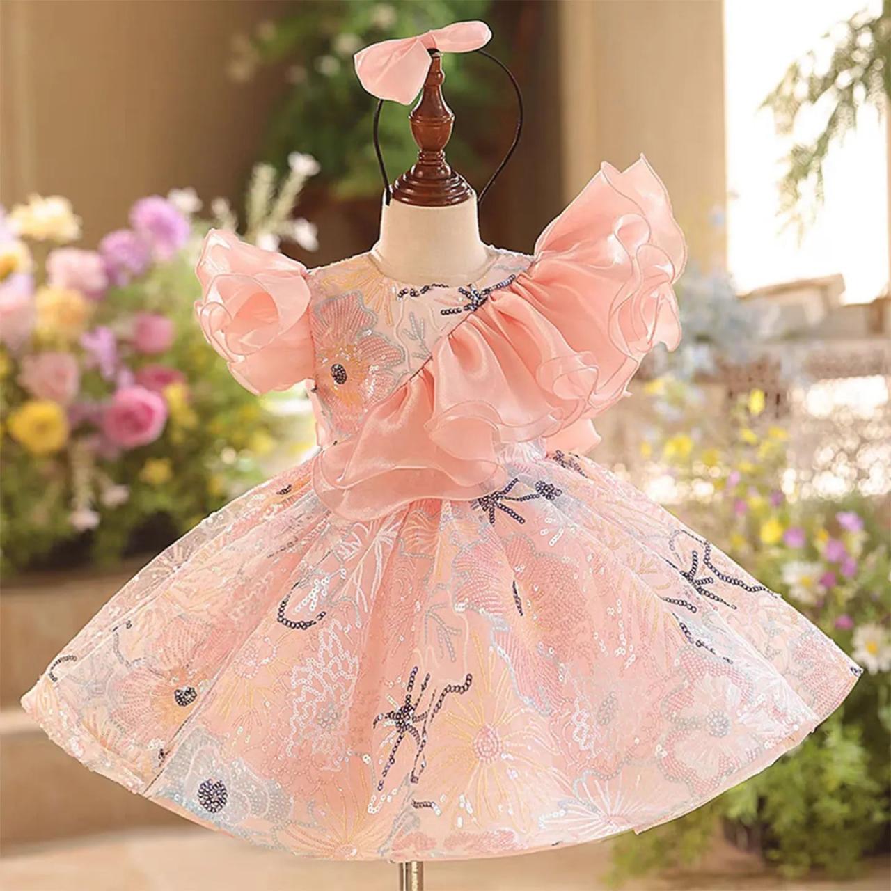 girl dress 160 party Pink Ruffled Floral Girls Birthday Party Dress