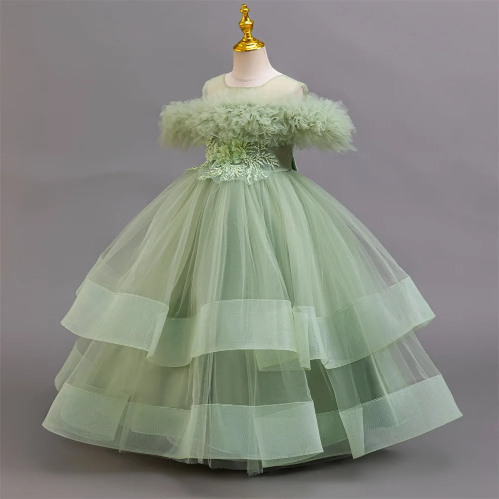 mint green flower girl dress White Lace Flower Girl Dress, Mint Green Tulle Wedding Gown for Girls, Romantic Long Sleeve Aqua Dress