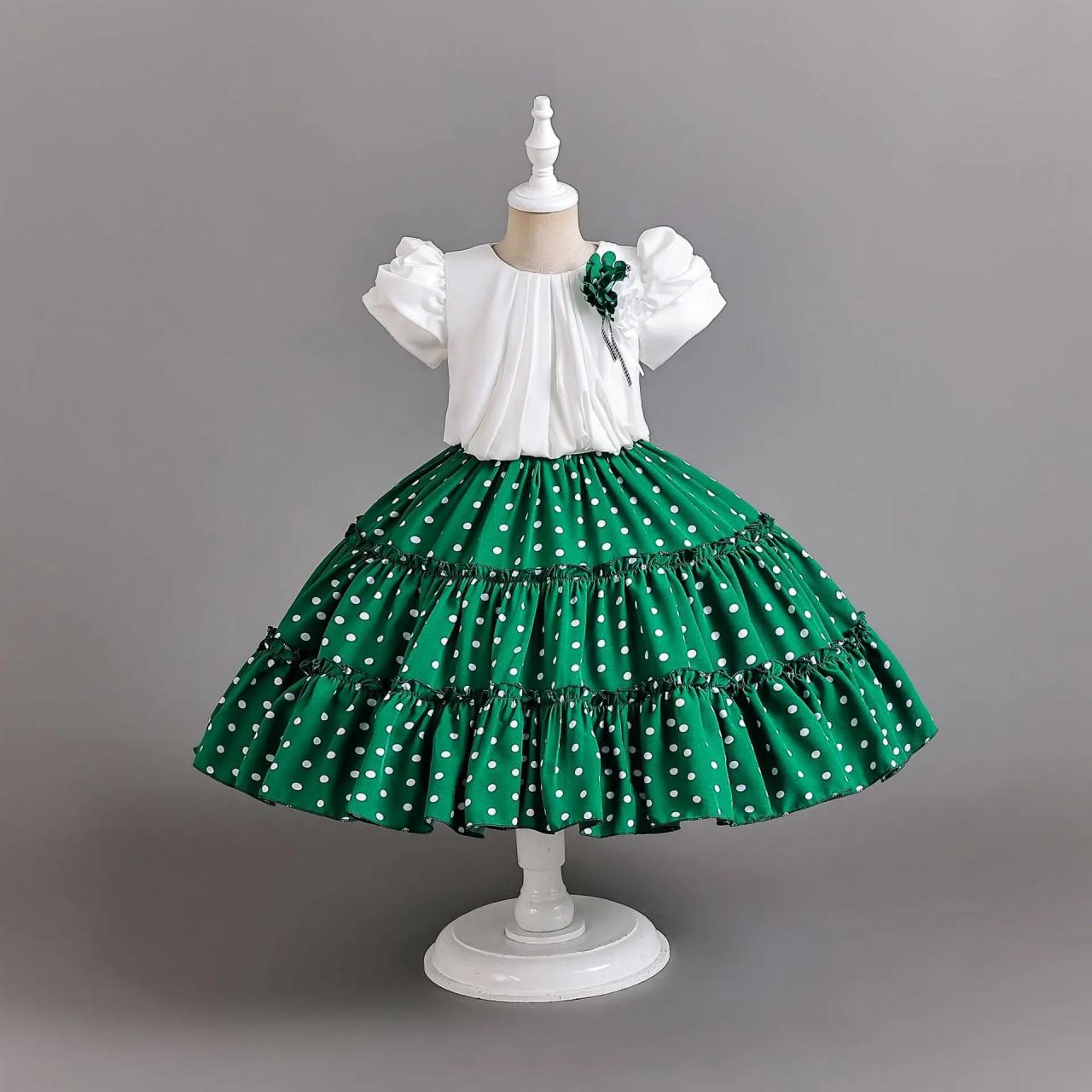 Kids Green Polka Dot Puff Sleeve Dress on Luulla