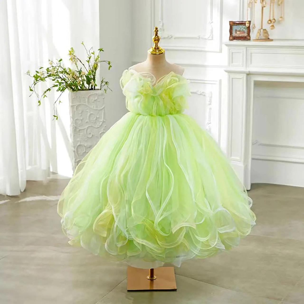 lime green princess dress Lime Green Princess Tutu Dress - Sparkle Dot Tulle - Flower Bodice