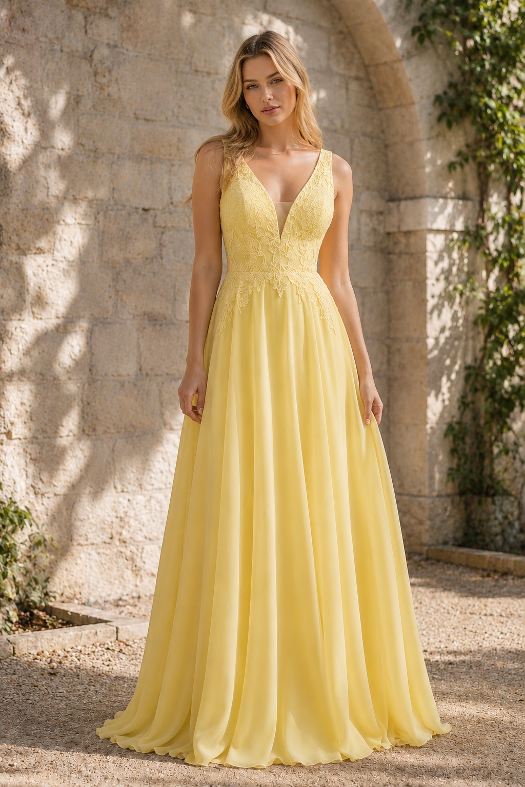 Yellow Floral Lace Deep V-neck Chiffon Bridesmaid Dress Maxi Evening Dress on Luulla
