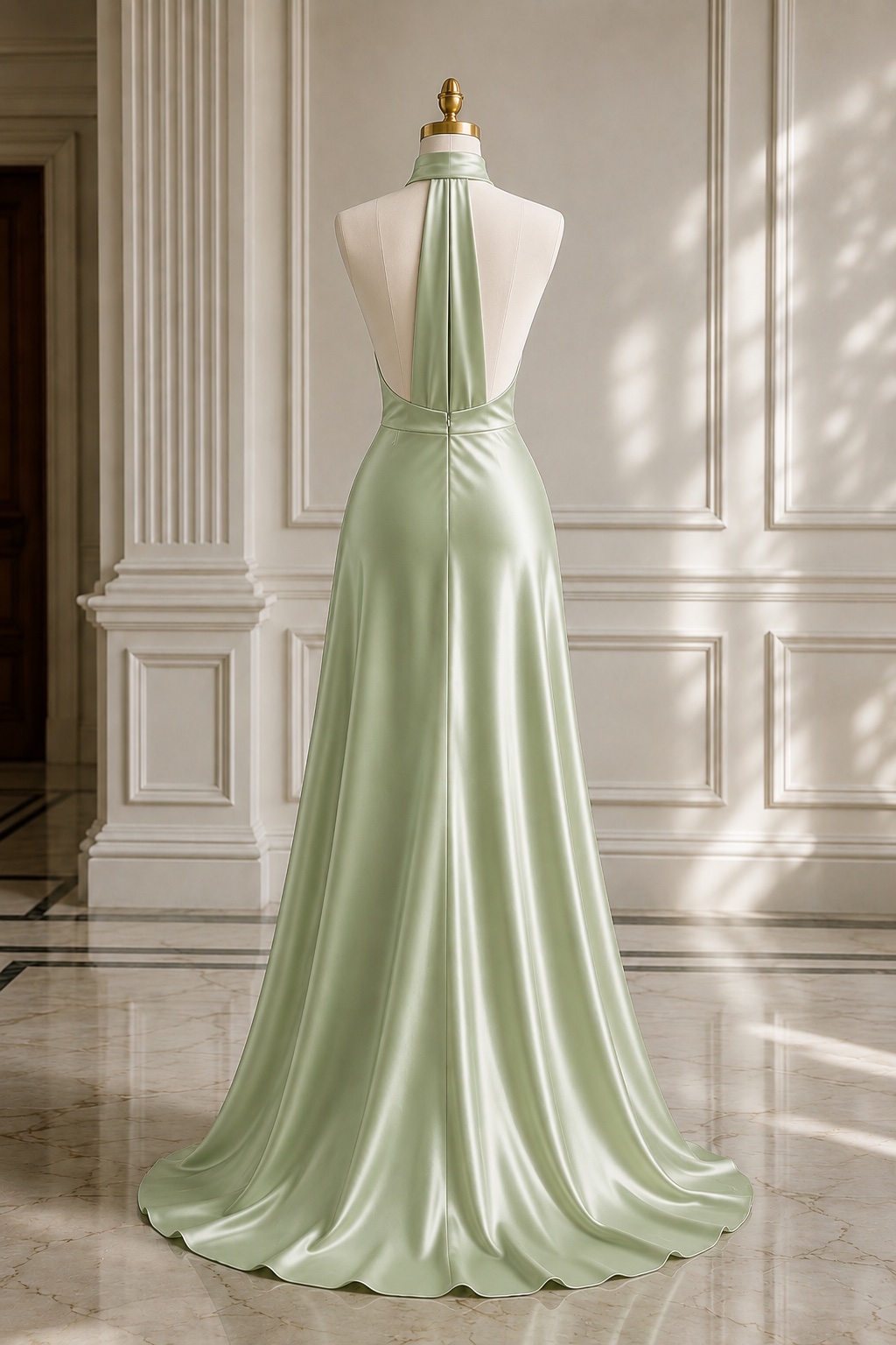 deep sage green bridesmaid dresses Satin Halter Neck V Evening Maxi Dress Dress on Luulla Colors can vary depending DM2538 Luxury White Long Sleeve Color:Bluestone