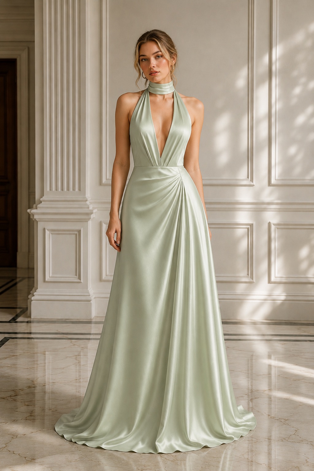 Sage Green Satin Halter Neck Deep V Evening Maxi Dress Bridesmaid Dress on Luulla