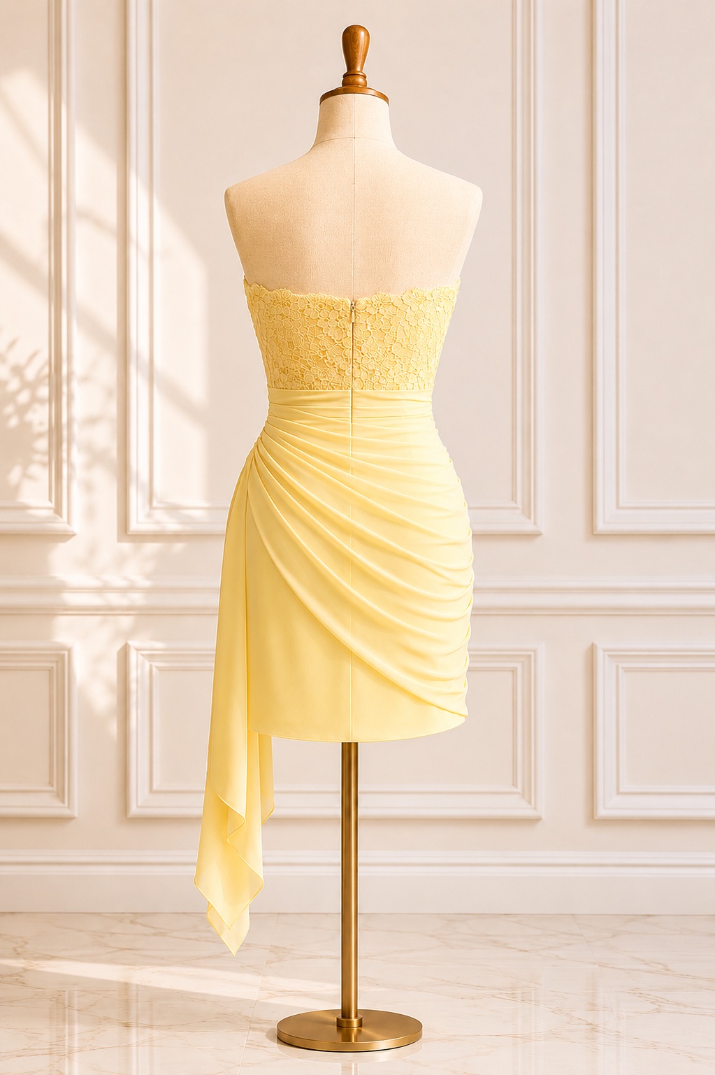 yellow strapless homecoming dress Yellow Strapless Lace Mini Homecoming Dress with Sheer Corset  H1126   Viniodress