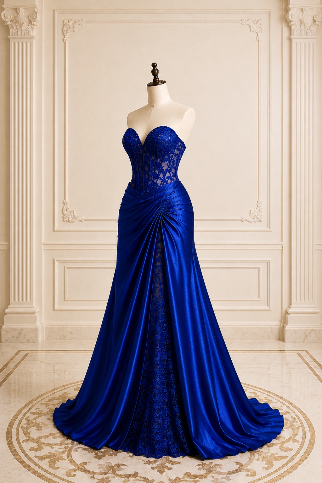 royal blue corset top prom dress Royal Blue Satin Prom Dress with Draped Corset & High Slit  SS285   Viniodress