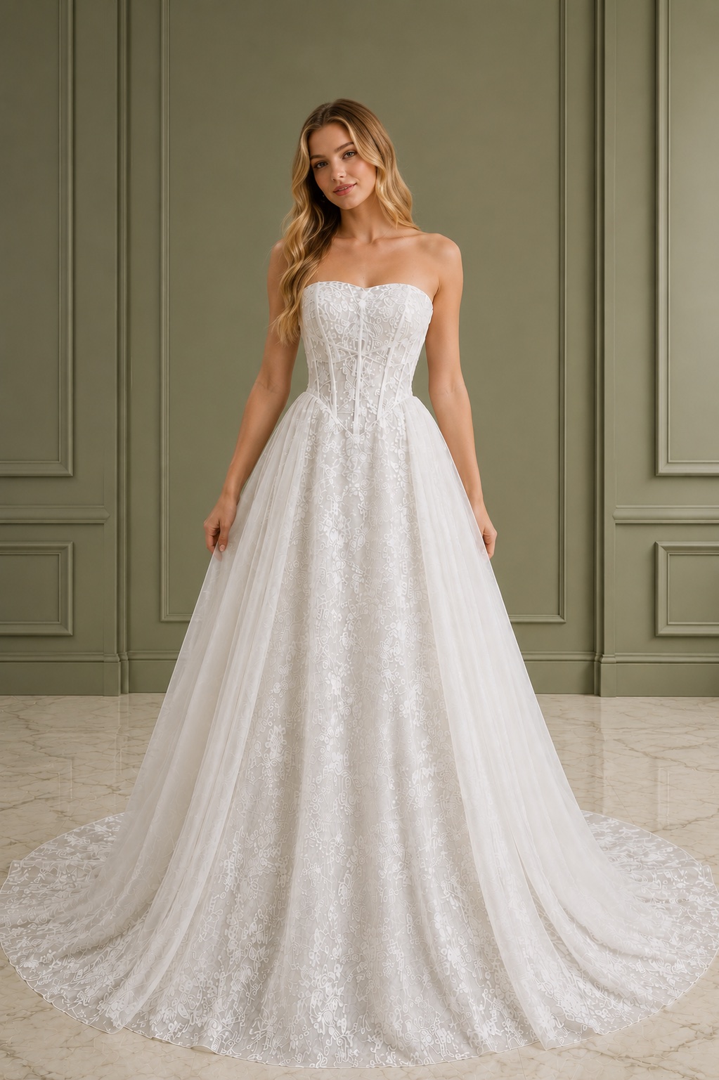 Ivory Strapless Lace Corset Bridal Dress With Cathedral Train And Floral Embroidery on Luulla
