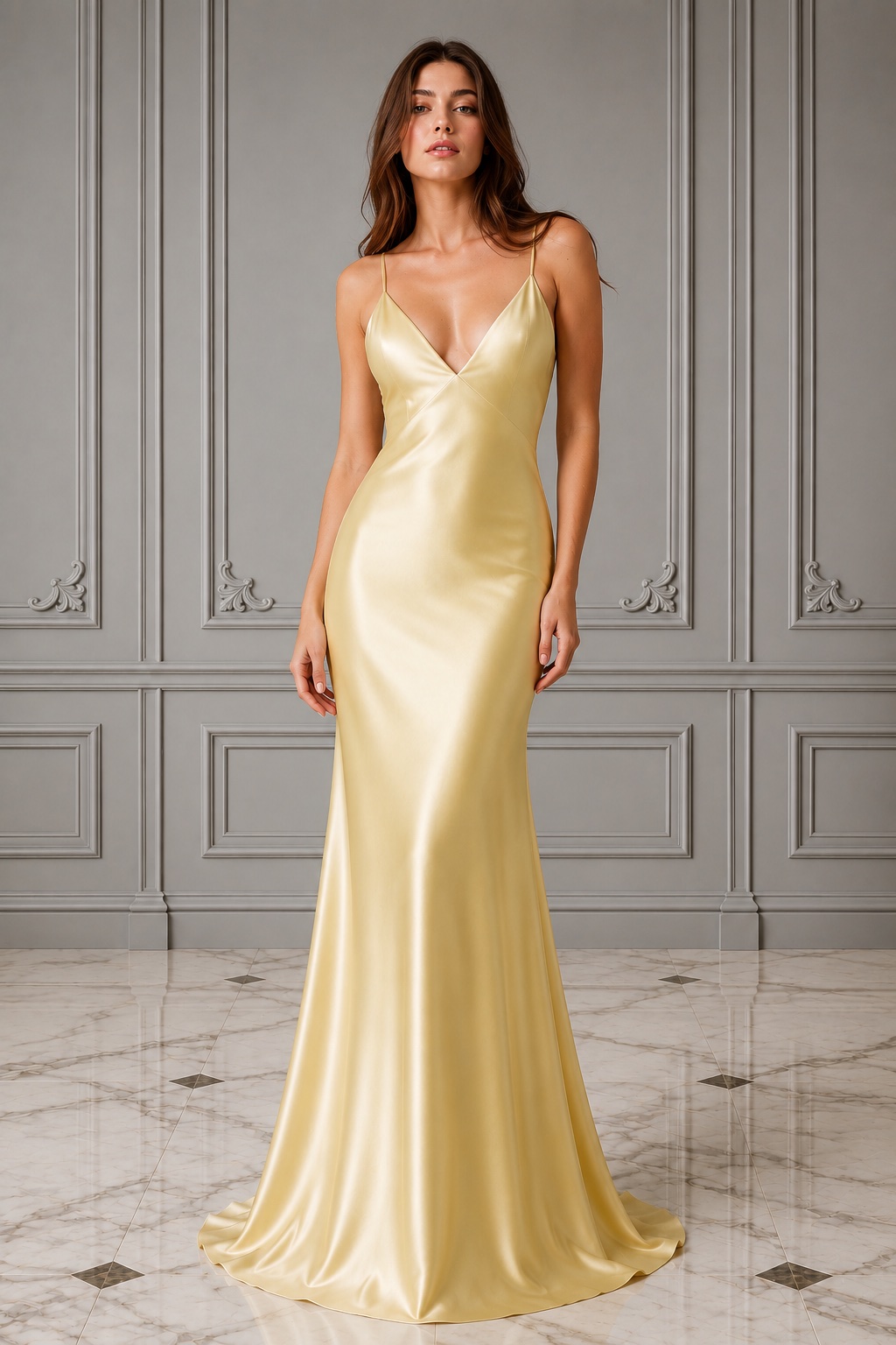 champagne slip dress maxi Yellow Satin With Deep V Neck on Luulla with a subtle cowl Color:Birch Champagne gown Octflash23 Alta Dress - M