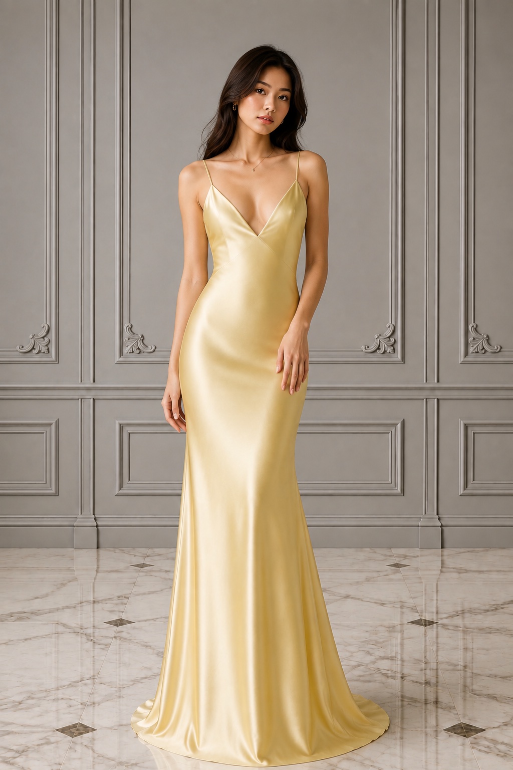 gold slip maxi dress Champagne Yellow Satin With Deep V Neck on Luulla Plus size special occasion dresses