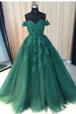Off Shoulder ball gowns Emerald Green prom dress Lace A line formal dress Long Custom Evening Prom Dresses