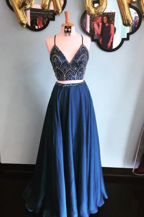 Sparkly Two Piece Sequins Navy Blue Long Prom Dress