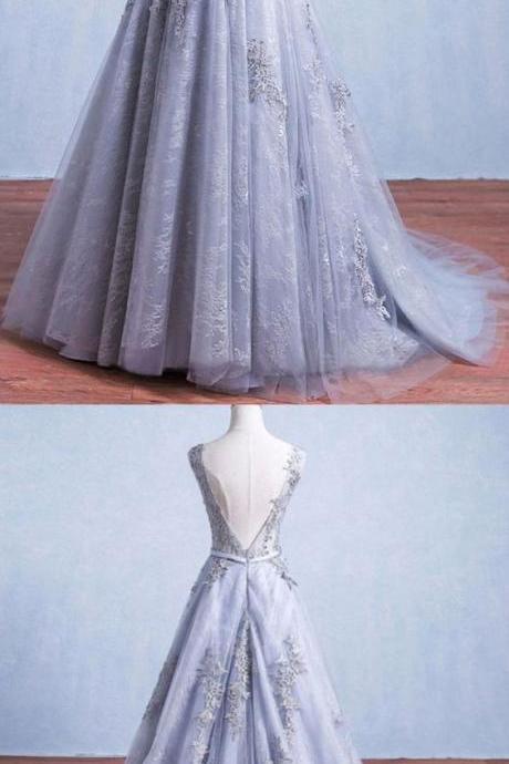 Round Prom Dresses, Grey Long Prom Dresses, Glamorous A-Line Round Neck Gray Tulle Ball Gown Long Prom Dress
