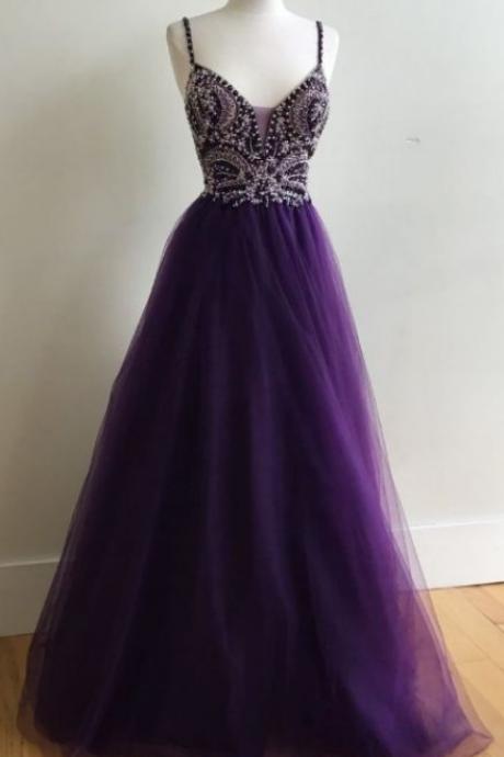 Outlet Purple Prom Dresses, Long Prom Dresses, Long Purple Prom Dresses With Beaded/Beading Floor-length Straps