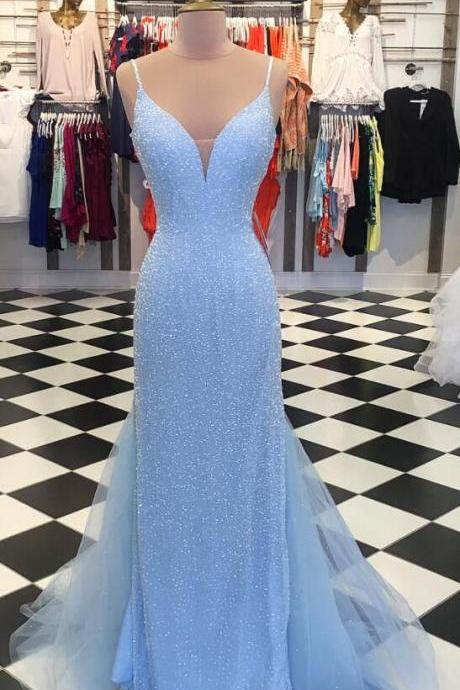 Blue Spaghetti Strap Plunging V Sequined Mermaid Floor-length Prom Dress, Evening Dress