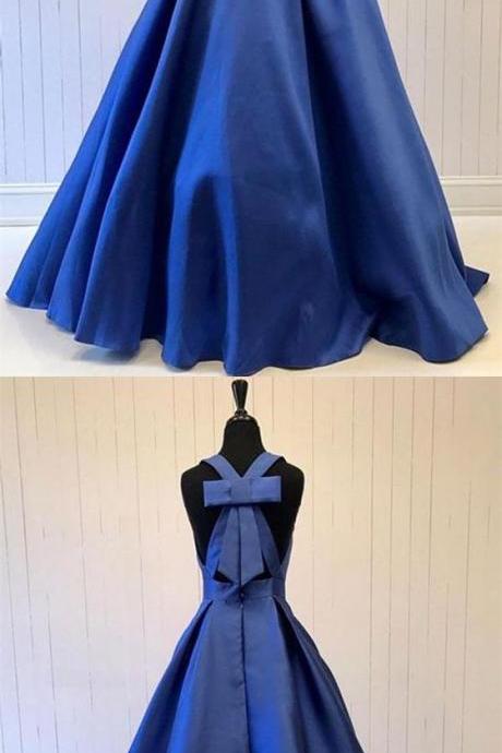 V-neck Royal Blue Satin A-line Prom Dresses, Special Back Design Prom Dress, Prom Dresses