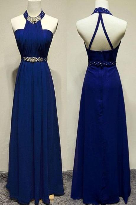 Custom Made Magnificent Sleeveless Prom Dresses, Royal Blue Sleeveless Prom Dresses, Long Prom Dresses, Royal Blue Halter Beading Backless Pretty