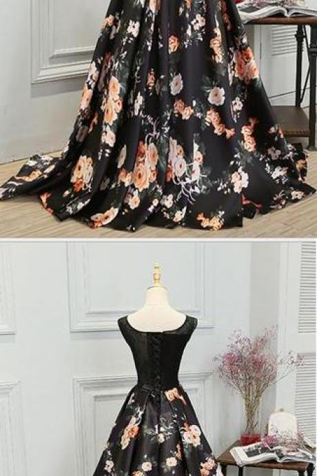 Stylish A Line Long Floral Printed Prom Dress,Formal Evening Dress