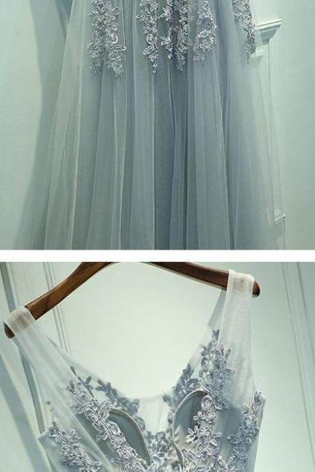 A-line Scoop Backless Long Light Blue Tulle Prom Dress With Sash Appliques