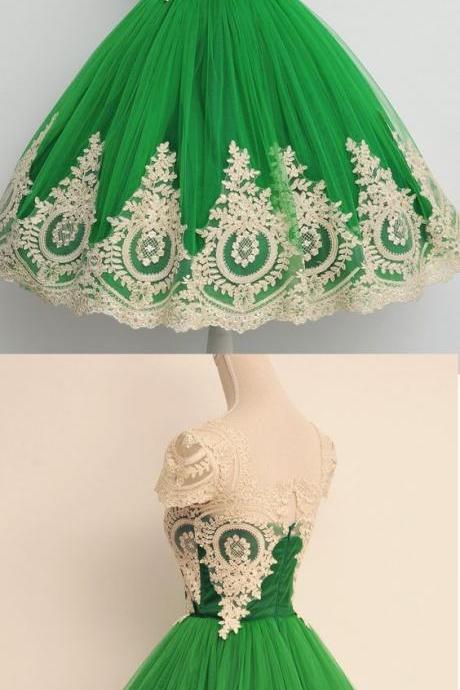 Gown Homecoming Dresses, Green Ball Gown Homecoming Dresses, Gown Short Homecoming Dresses, Sexy Homecoming Dress Square Appliques Tulle Short