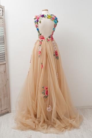 A-line Scoop Sleeveless Open Back Appliques Tulle Prom Dress With Hand-made Flowers,custom Made