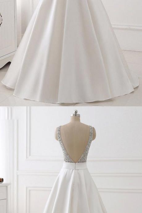 Ball Gown Deep V-neck Sweep Train White Satin Prom Dress With Beading,custom Made