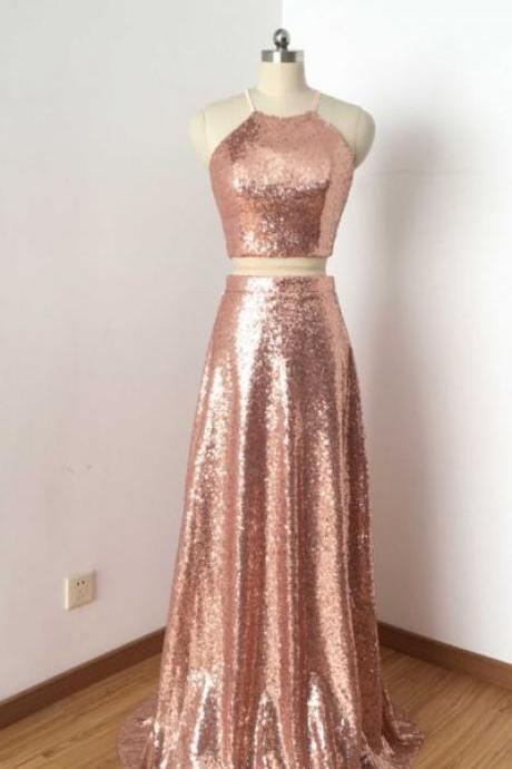 Two Pieces Halter Sequins Long Prom Dresses