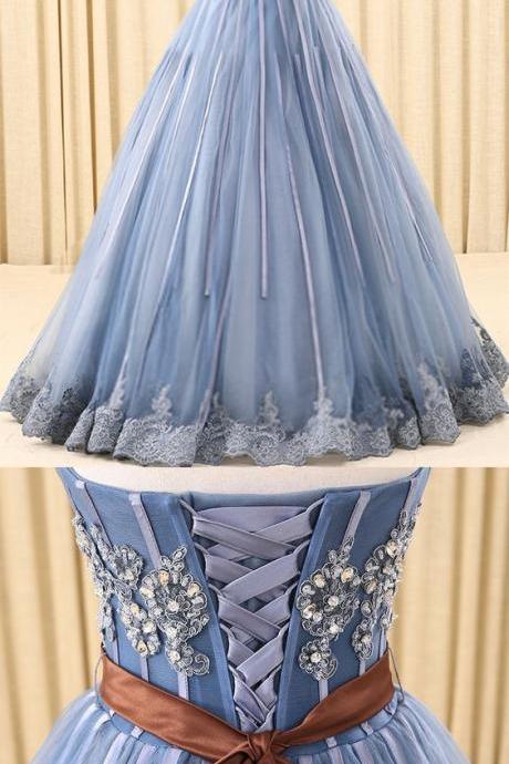 A-line Sweetheart Floor-Length Tulle Ink Blue Prom Dresses