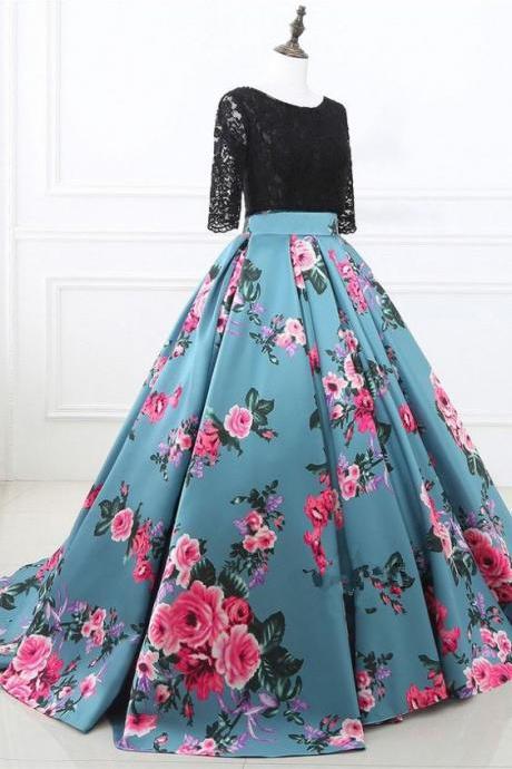 Two Pieces Black Lace And Floral Prom Dress Half Sleeves