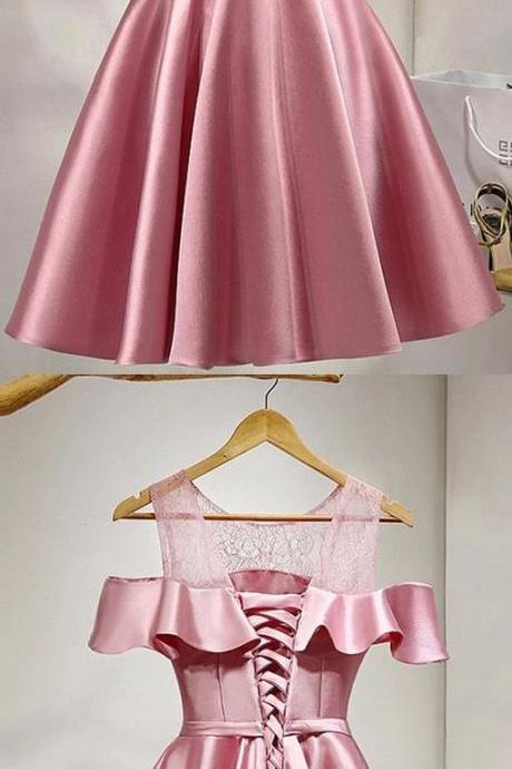 Pink Short Homecoming Party Dress With Lace Up Bowknot Knee-length Dresses