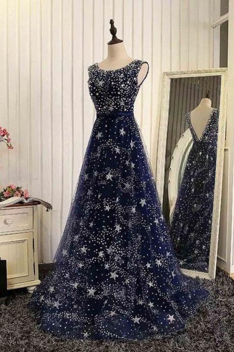 Luxury Blue Tulle, Star Sequins, Beaded Floor-length Long Evening Dresses