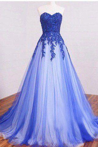 A Line Strapless Sweetheart Blue Prom Dresses With Beaded Applique