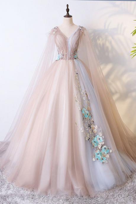 Romantic Tulle V neck Long Evening Dress,Lace Appliques Senior Prom Dress