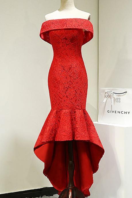 Red Long Lace. Elegant .Off Shoulder .Mermaid High-Low. Lace Up Prom Dresses