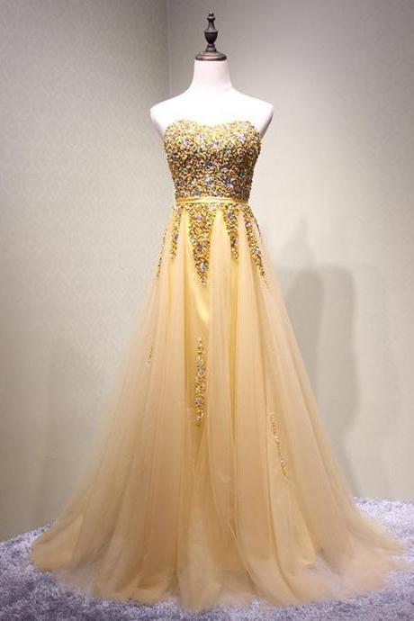 Strapless Sweetheart Gold Tulle Beaded A-line Long Evening Prom Dresses