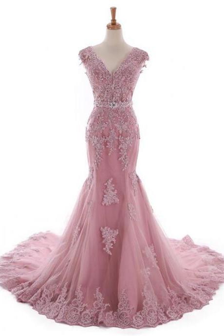 Sexy Lace Mermaid V Neckline Dusty Pink Long Evening Prom Dresses, Popular Cheap Long Party Prom Dresses