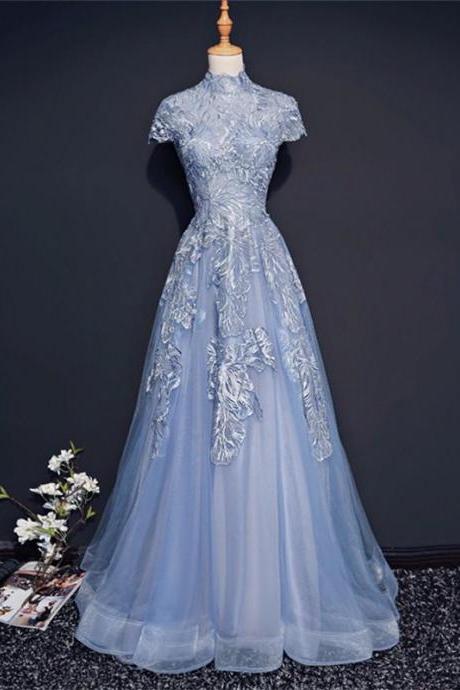 Modest High Neckline Short Sleeve Dusty Blue Long Evening Prom Dresses, Popular Cheap Long Party Prom Dresses