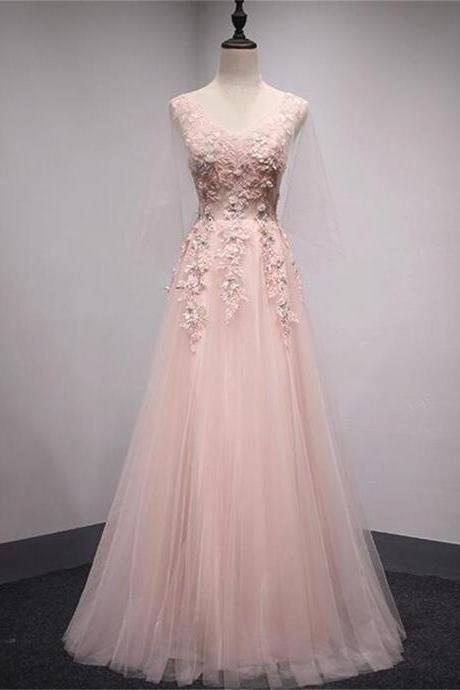 V Neckline Peach Lace Evening Prom Dresses, Popular Lace Party Prom Dresses, Custom Long Prom Dresses, Cheap Formal Prom Dresses